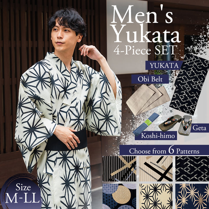 Men's Yukata 4-Piece Set – Yukata, Obi Belt, Geta Sandals & Waist Tie | Choose from 6 Traditional Japanese Patterns, Circle, Geometric, Hemp Leaf (Asanoha),  Seven Treasures (Shippo)