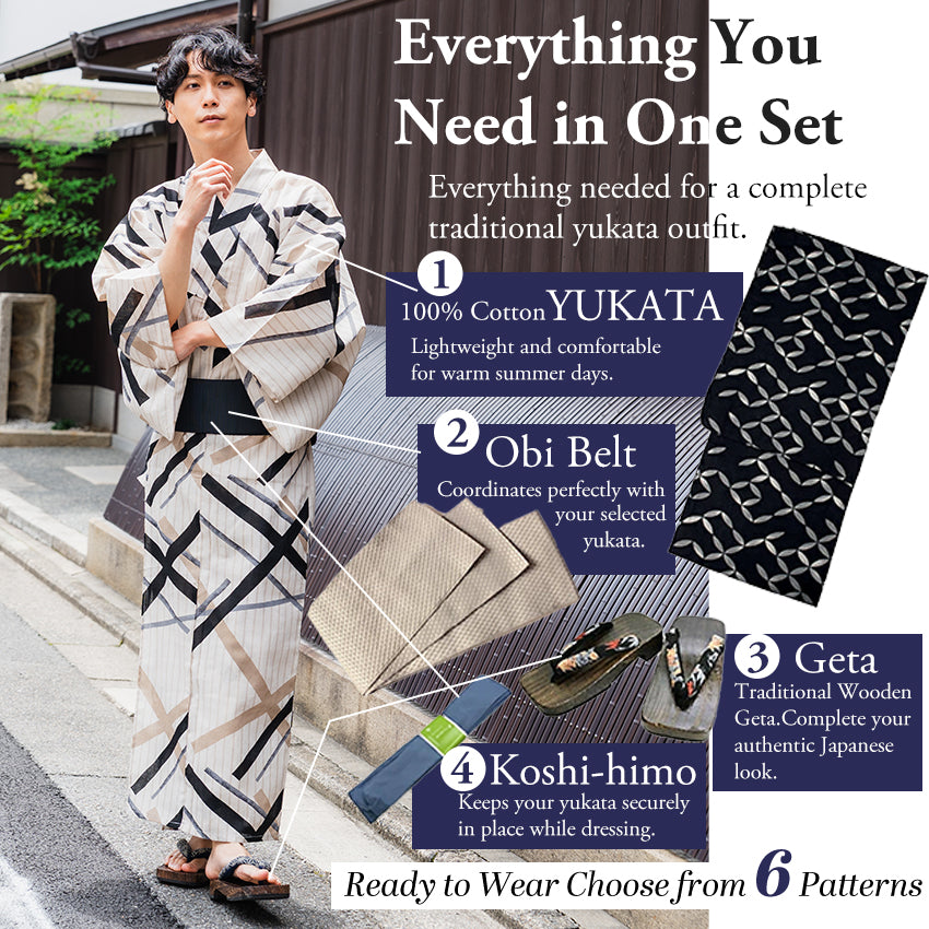 Men's Yukata 4-Piece Set – Yukata, Obi Belt, Geta Sandals & Waist Tie | Choose from 6 Traditional Japanese Patterns, Circle, Geometric, Hemp Leaf (Asanoha),  Seven Treasures (Shippo)