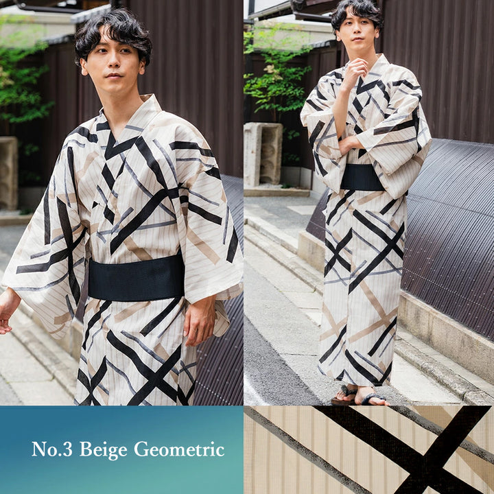 Men's Yukata 4-Piece Set – Yukata, Obi Belt, Geta Sandals & Waist Tie | Choose from 6 Traditional Japanese Patterns, Circle, Geometric, Hemp Leaf (Asanoha),  Seven Treasures (Shippo)