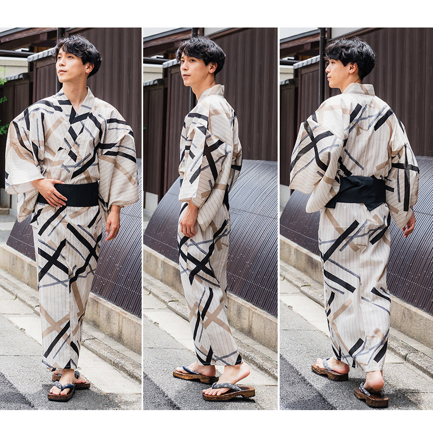 Men's Yukata 4-Piece Set – Yukata, Obi Belt, Geta Sandals & Waist Tie | Choose from 6 Traditional Japanese Patterns, Circle, Geometric, Hemp Leaf (Asanoha),  Seven Treasures (Shippo)