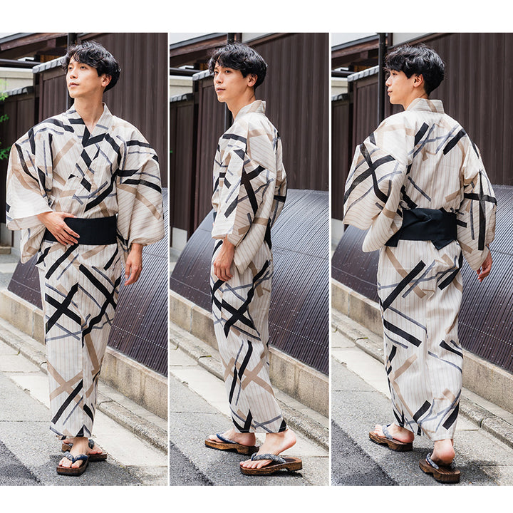 Men's Yukata 4-Piece Set – Yukata, Obi Belt, Geta Sandals & Waist Tie | Choose from 6 Traditional Japanese Patterns, Circle, Geometric, Hemp Leaf (Asanoha),  Seven Treasures (Shippo)