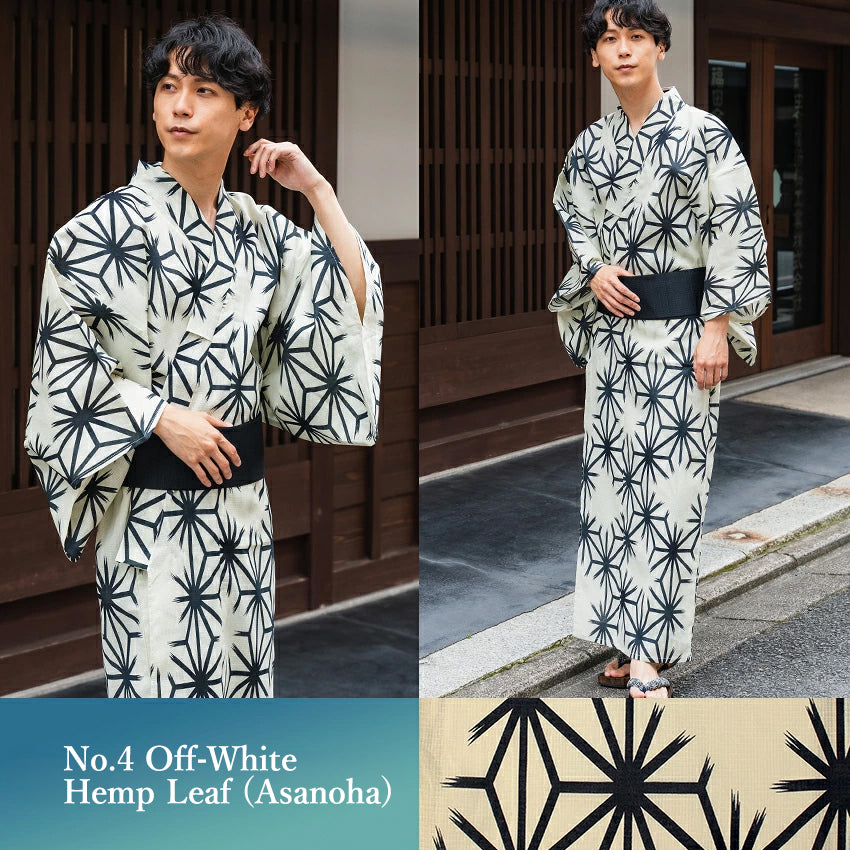 Men's Yukata 4-Piece Set – Yukata, Obi Belt, Geta Sandals & Waist Tie | Choose from 6 Traditional Japanese Patterns, Circle, Geometric, Hemp Leaf (Asanoha),  Seven Treasures (Shippo)