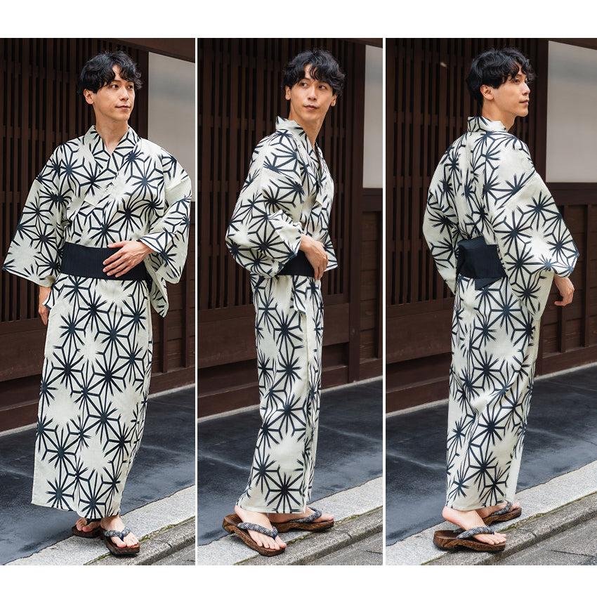 Men's Yukata 4-Piece Set – Yukata, Obi Belt, Geta Sandals & Waist Tie | Choose from 6 Traditional Japanese Patterns, Circle, Geometric, Hemp Leaf (Asanoha),  Seven Treasures (Shippo)