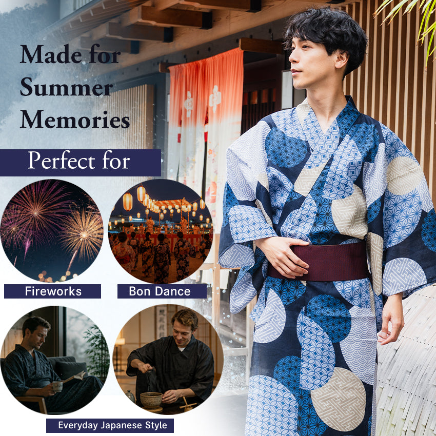 Men's Yukata 4-Piece Set – Yukata, Obi Belt, Geta Sandals & Waist Tie | Choose from 6 Traditional Japanese Patterns, Circle, Geometric, Hemp Leaf (Asanoha),  Seven Treasures (Shippo)