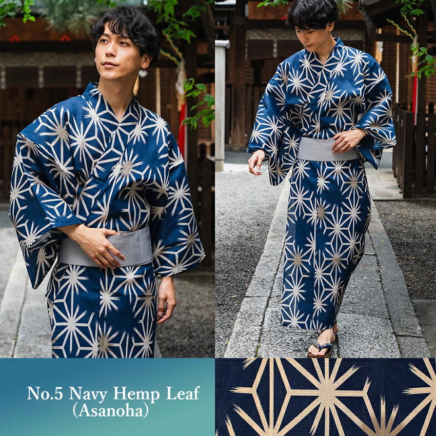 Men's Yukata 4-Piece Set – Yukata, Obi Belt, Geta Sandals & Waist Tie | Choose from 6 Traditional Japanese Patterns, Circle, Geometric, Hemp Leaf (Asanoha),  Seven Treasures (Shippo)