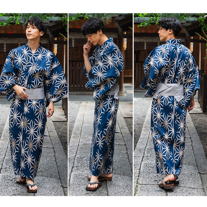 Men's Yukata 4-Piece Set – Yukata, Obi Belt, Geta Sandals & Waist Tie | Choose from 6 Traditional Japanese Patterns, Circle, Geometric, Hemp Leaf (Asanoha),  Seven Treasures (Shippo)