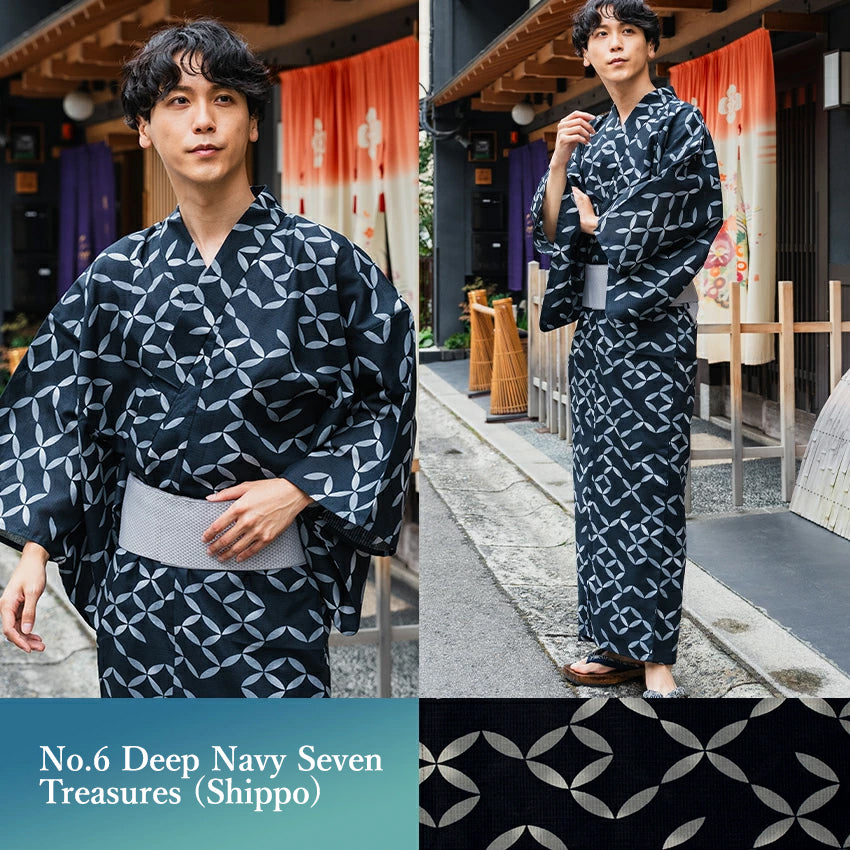 Men's Yukata 4-Piece Set – Yukata, Obi Belt, Geta Sandals & Waist Tie | Choose from 6 Traditional Japanese Patterns, Circle, Geometric, Hemp Leaf (Asanoha),  Seven Treasures (Shippo)