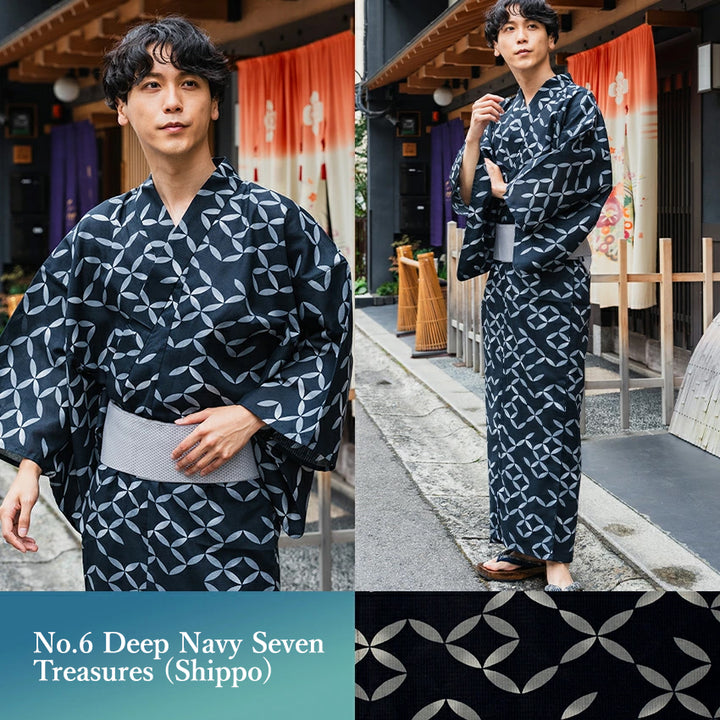 Men's Yukata 4-Piece Set – Yukata, Obi Belt, Geta Sandals & Waist Tie | Choose from 6 Traditional Japanese Patterns, Circle, Geometric, Hemp Leaf (Asanoha),  Seven Treasures (Shippo)