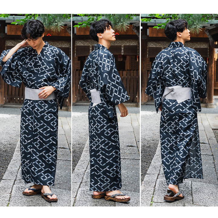 Men's Yukata 4-Piece Set – Yukata, Obi Belt, Geta Sandals & Waist Tie | Choose from 6 Traditional Japanese Patterns, Circle, Geometric, Hemp Leaf (Asanoha),  Seven Treasures (Shippo)