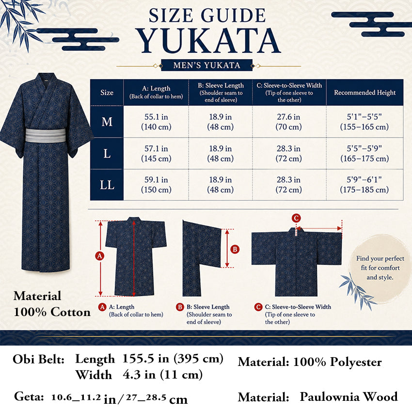 Men's Yukata 4-Piece Set – Yukata, Obi Belt, Geta Sandals & Waist Tie | Choose from 6 Traditional Japanese Patterns, Circle, Geometric, Hemp Leaf (Asanoha),  Seven Treasures (Shippo)