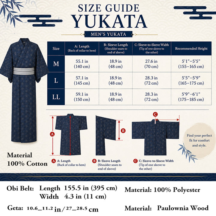 Men's Yukata 4-Piece Set – Yukata, Obi Belt, Geta Sandals & Waist Tie | Choose from 6 Traditional Japanese Patterns, Circle, Geometric, Hemp Leaf (Asanoha),  Seven Treasures (Shippo)