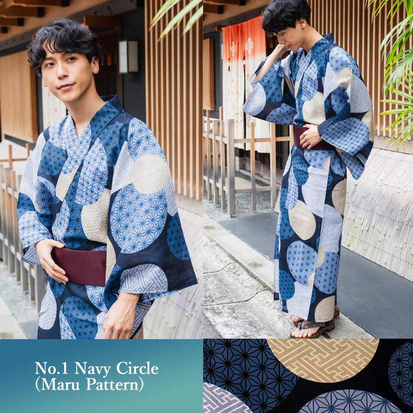 Men's Yukata 4-Piece Set – Yukata, Obi Belt, Geta Sandals & Waist Tie | Choose from 6 Traditional Japanese Patterns, Circle, Geometric, Hemp Leaf (Asanoha),  Seven Treasures (Shippo)