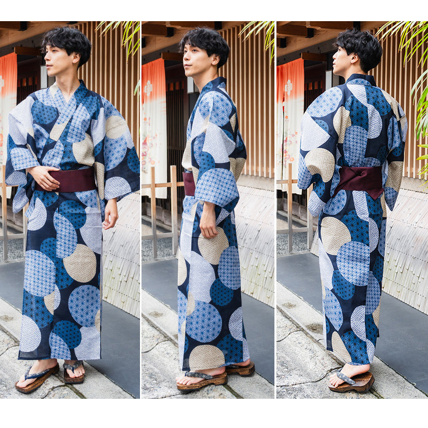 Men's Yukata 4-Piece Set – Yukata, Obi Belt, Geta Sandals & Waist Tie | Choose from 6 Traditional Japanese Patterns, Circle, Geometric, Hemp Leaf (Asanoha),  Seven Treasures (Shippo)