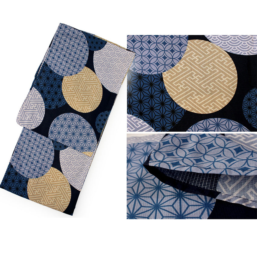 Men's Yukata 4-Piece Set – Yukata, Obi Belt, Geta Sandals & Waist Tie | Choose from 6 Traditional Japanese Patterns, Circle, Geometric, Hemp Leaf (Asanoha),  Seven Treasures (Shippo)