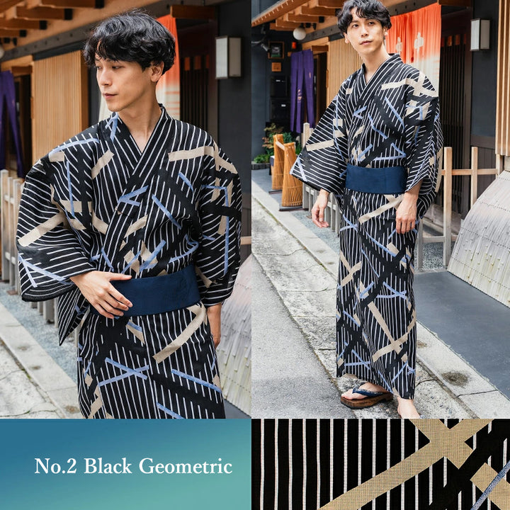 Men's Yukata 4-Piece Set – Yukata, Obi Belt, Geta Sandals & Waist Tie | Choose from 6 Traditional Japanese Patterns, Circle, Geometric, Hemp Leaf (Asanoha),  Seven Treasures (Shippo)