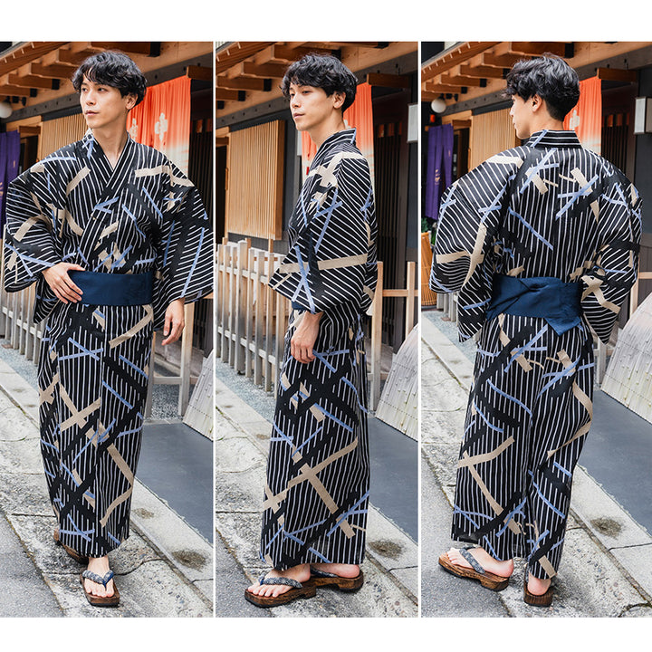 Men's Yukata 4-Piece Set – Yukata, Obi Belt, Geta Sandals & Waist Tie | Choose from 6 Traditional Japanese Patterns, Circle, Geometric, Hemp Leaf (Asanoha),  Seven Treasures (Shippo)