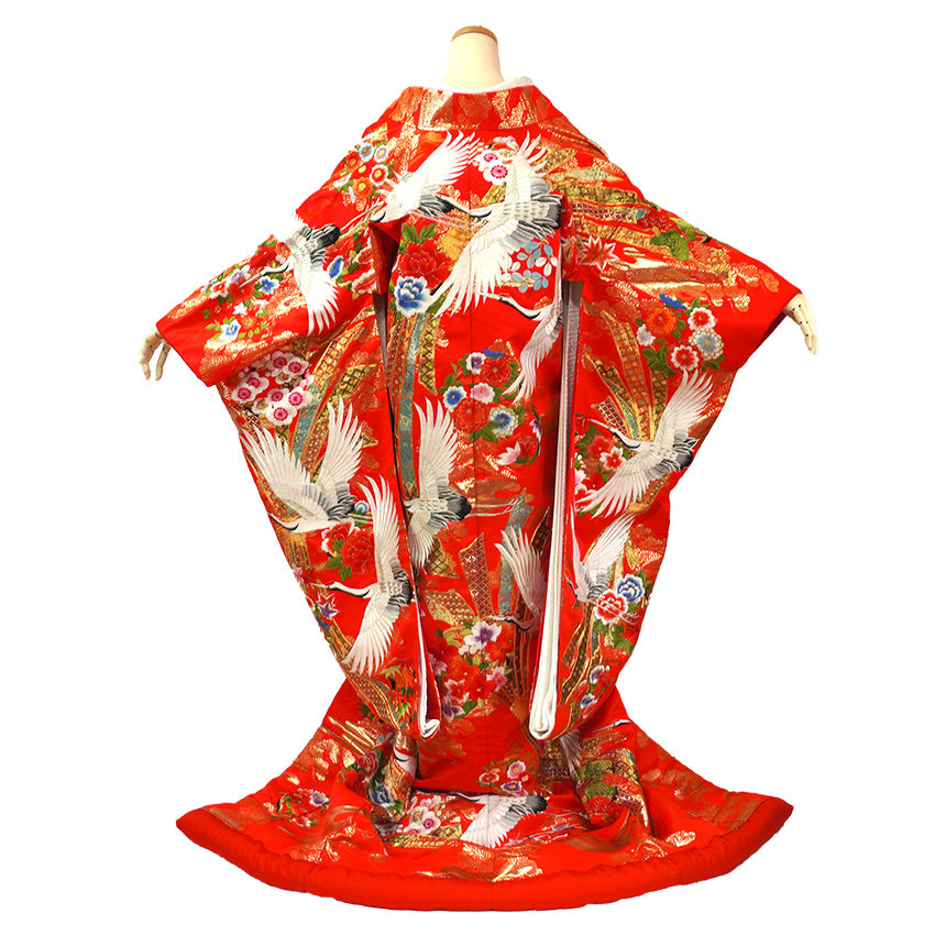 Vintage Japanese Uchikake Wedding Kimono, Vermilion Red with Cranes, Plum Blossoms & Gold Thread