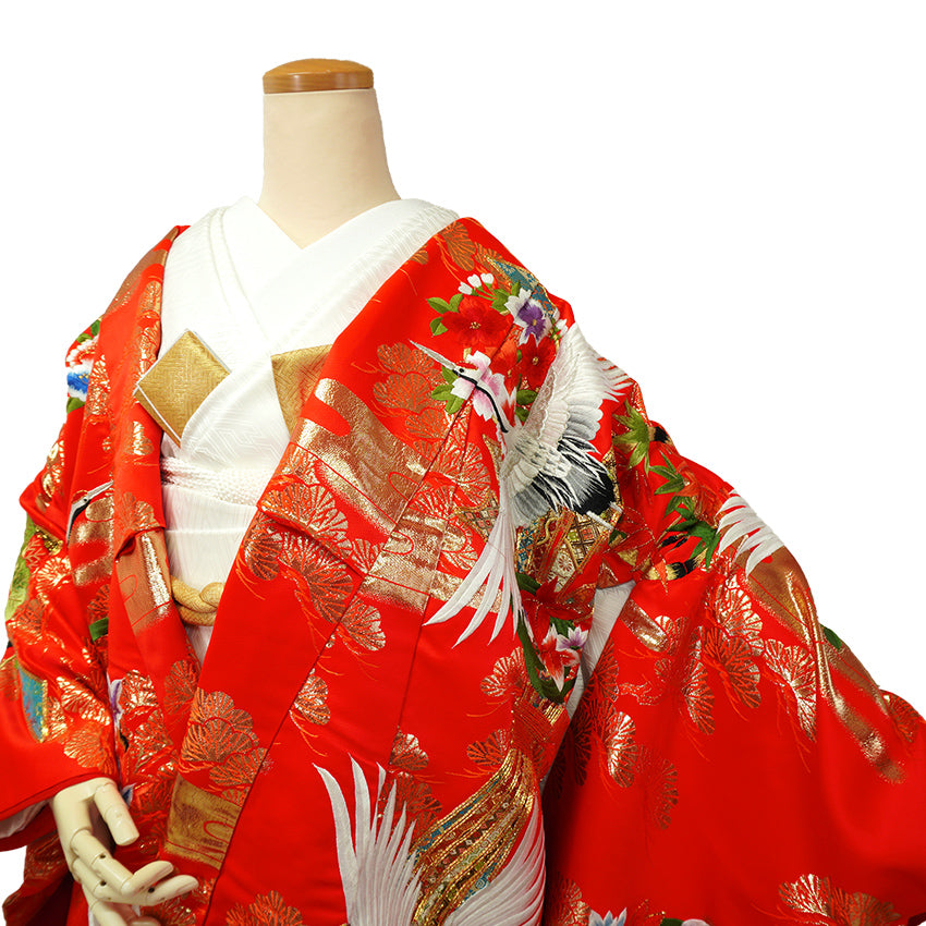 Vintage Japanese Uchikake Wedding Kimono, Vermilion Red with Cranes, Plum Blossoms & Gold Thread