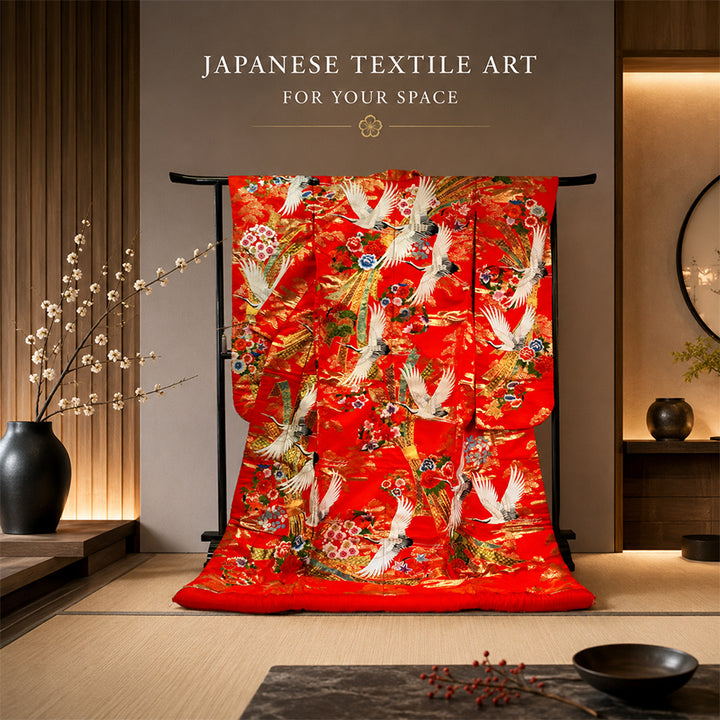 Vintage Japanese Uchikake Wedding Kimono, Vermilion Red with Cranes, Plum Blossoms & Gold Thread