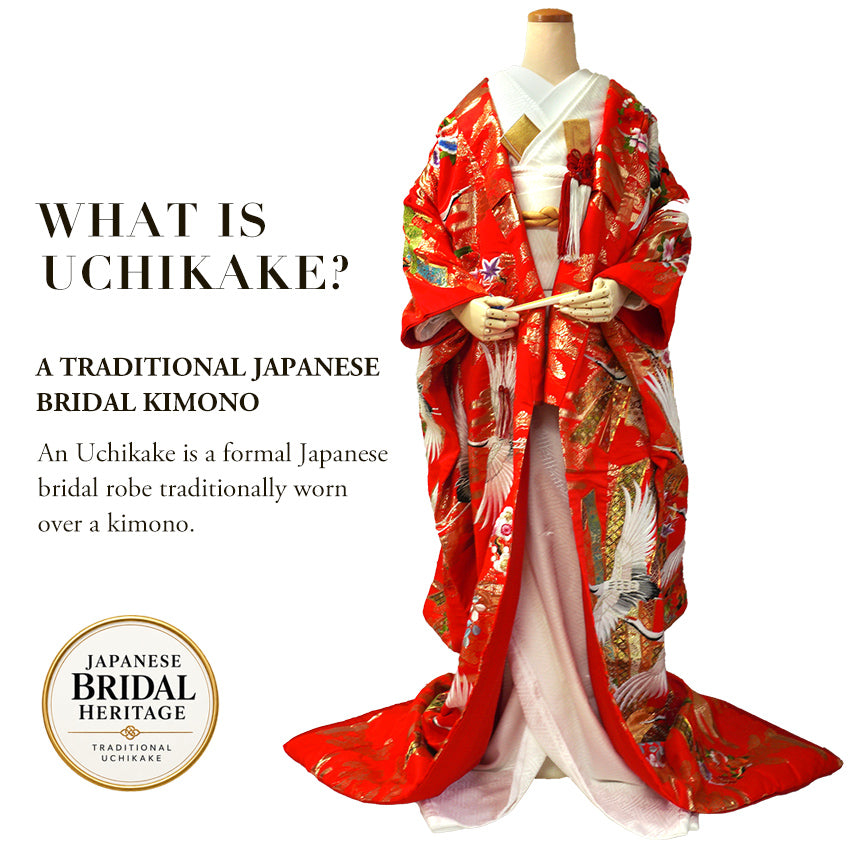 Vintage Japanese Uchikake Wedding Kimono, Vermilion Red with Cranes, Plum Blossoms & Gold Thread