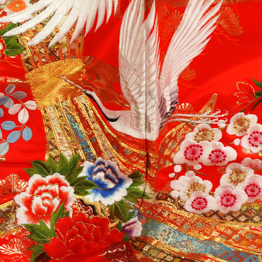 Vintage Japanese Uchikake Wedding Kimono, Vermilion Red with Cranes, Plum Blossoms & Gold Thread