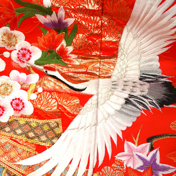 Vintage Japanese Uchikake Wedding Kimono, Vermilion Red with Cranes, Plum Blossoms & Gold Thread