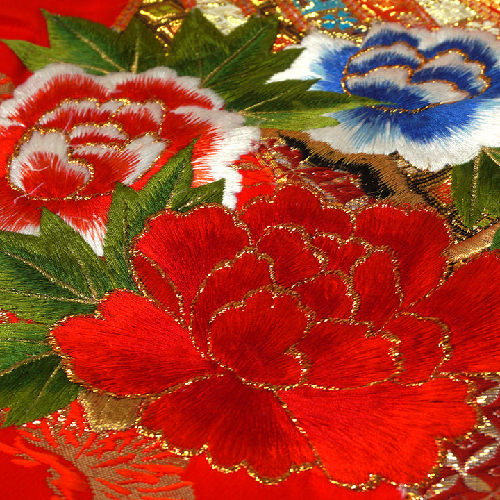 Vintage Japanese Uchikake Wedding Kimono, Vermilion Red with Cranes, Plum Blossoms & Gold Thread