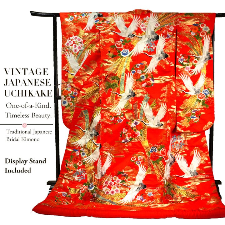 Vintage Japanese Uchikake Wedding Kimono, Vermilion Red with Cranes, Plum Blossoms & Gold Thread