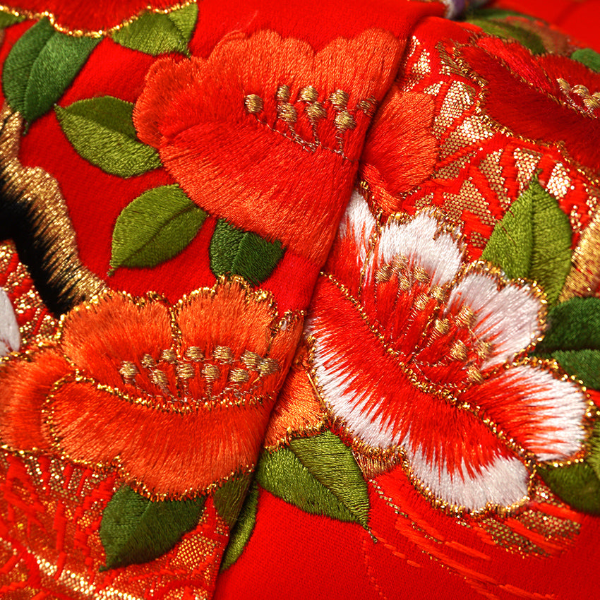 Vintage Japanese Uchikake Wedding Kimono, Vermilion Red with Cranes, Plum Blossoms & Gold Thread