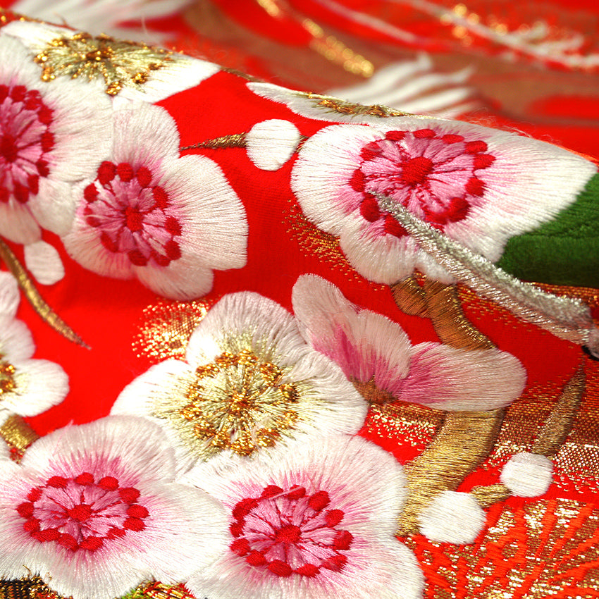 Vintage Japanese Uchikake Wedding Kimono, Vermilion Red with Cranes, Plum Blossoms & Gold Thread