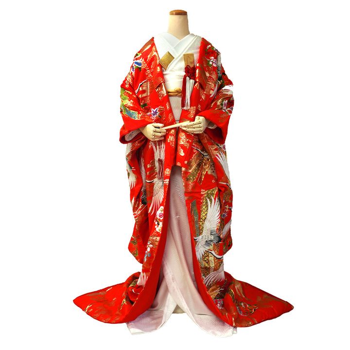 Vintage Japanese Uchikake Wedding Kimono, Vermilion Red with Cranes, Plum Blossoms & Gold Thread