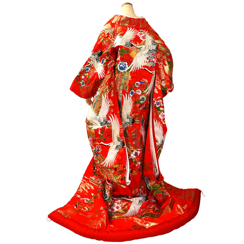 Vintage Japanese Uchikake Wedding Kimono, Vermilion Red with Cranes, Plum Blossoms & Gold Thread