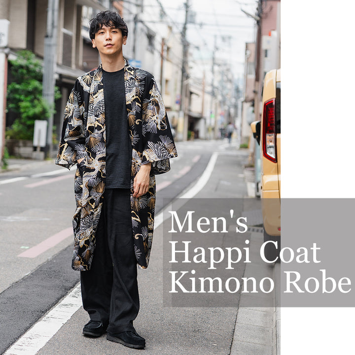 Men's Happi Coat: Kimono Robe -Black base, – Pine Needles, Dragons & Hawks