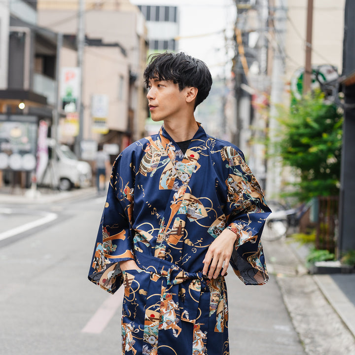 Men's Happi Coat: Kimono Robe -  Samurai helmet , Fans, Castle, Mt. Fuji