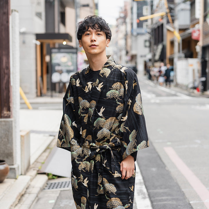 Men's Happi Coat: Kimono Robe -Black, Navy Blue, Red base, Cranes & Pine Trees