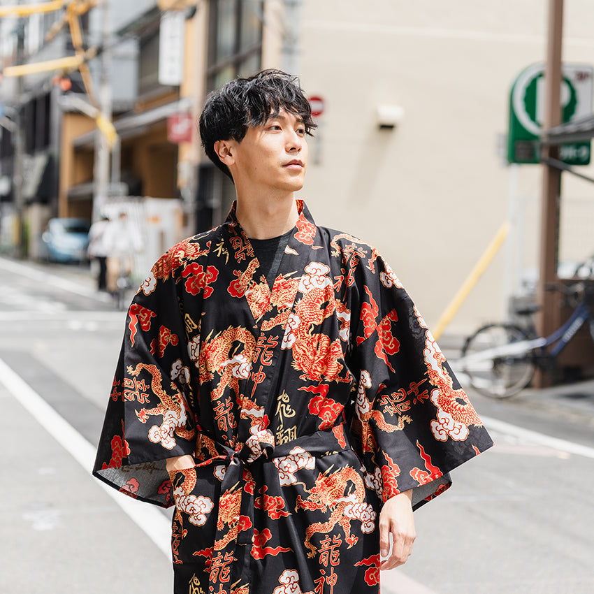 Men's Happi Coat: Kimono Robe -Dragons, Clouds & Kanji Characters