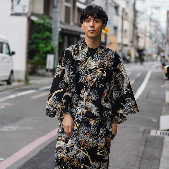 Men's Happi Coat: Kimono Robe -Black base, – Pine Needles, Dragons & Hawks