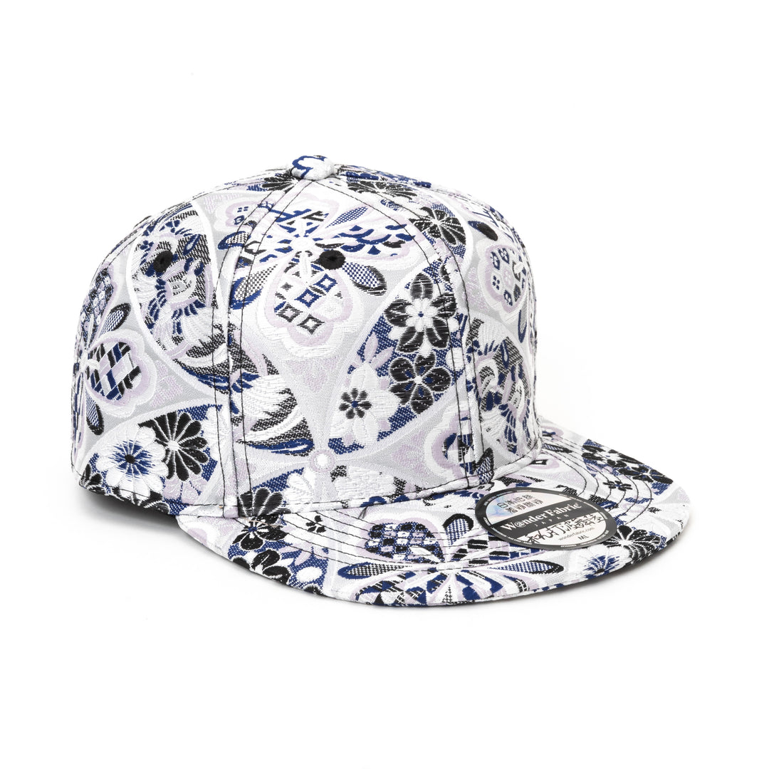 Kimono Fabric Cap - White & Blu Shippo Floral Pattern