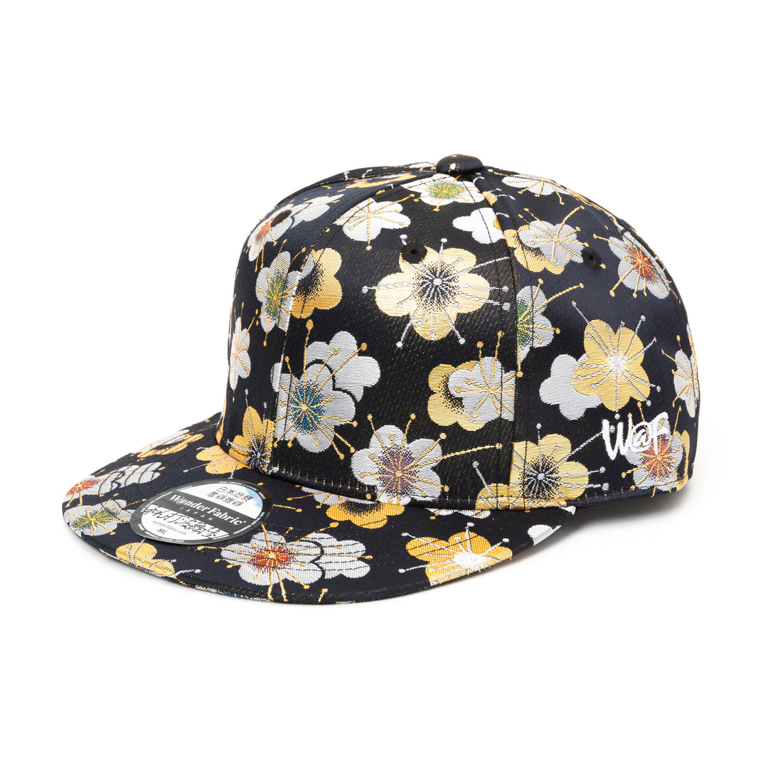 Kimono Fabric Cap - Black Background Gold Plum Blossom