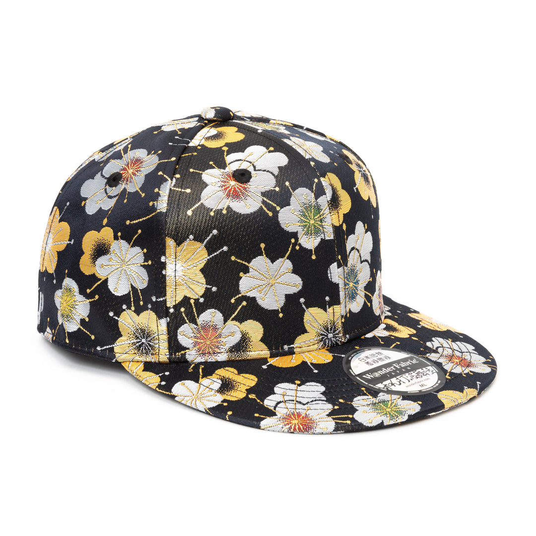 Kimono Fabric Cap - Black Background Gold Plum Blossom