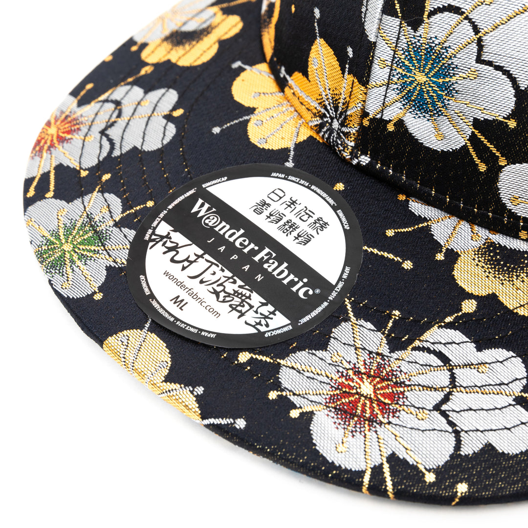 Kimono Fabric Cap - Black Background Gold Plum Blossom