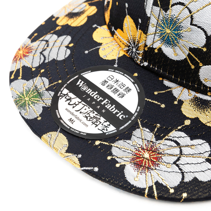 Kimono Fabric Cap - Black Background Gold Plum Blossom