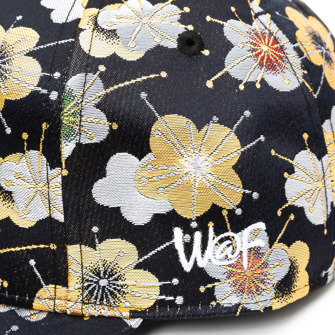 Kimono Fabric Cap - Black Background Gold Plum Blossom