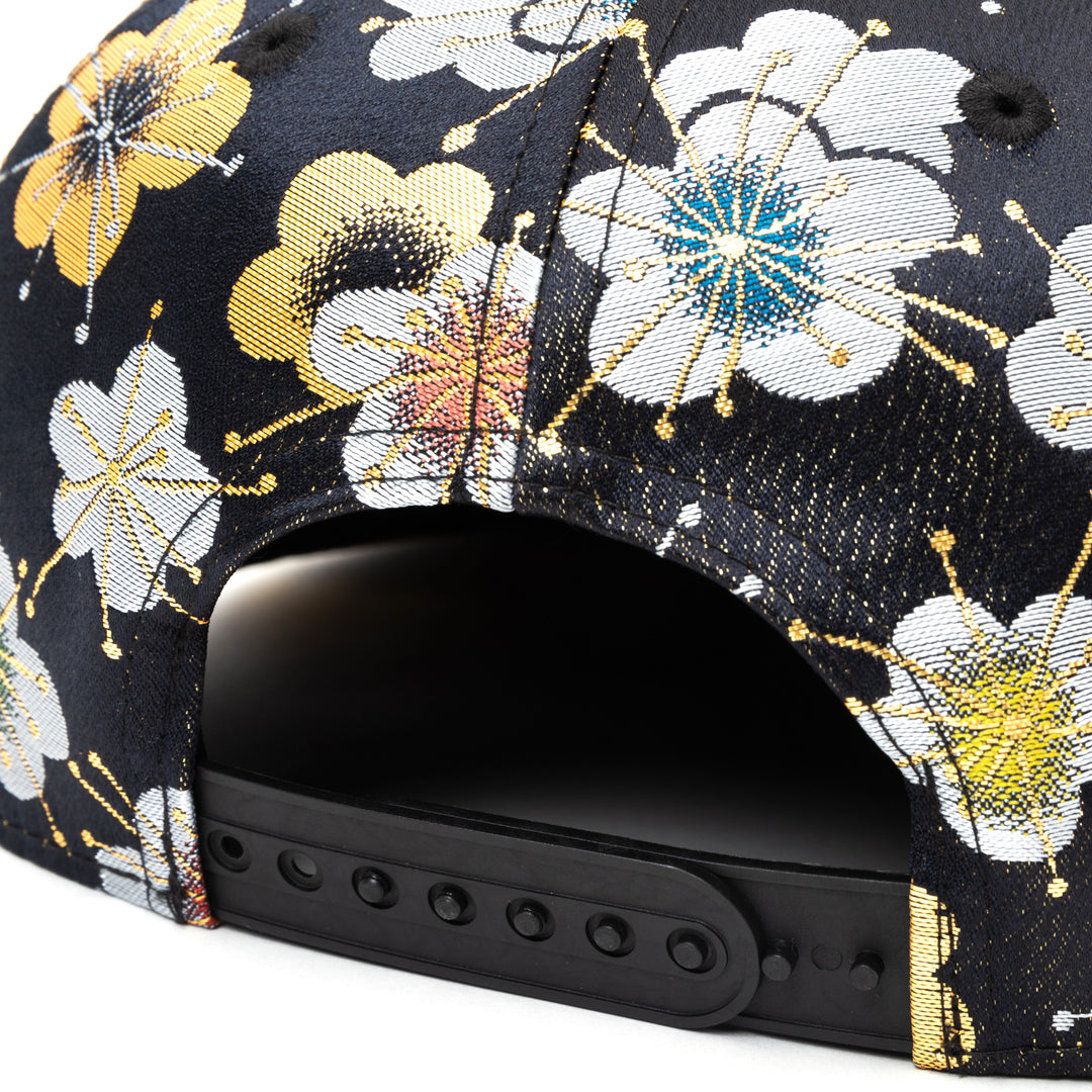 Kimono Fabric Cap - Black Background Gold Plum Blossom