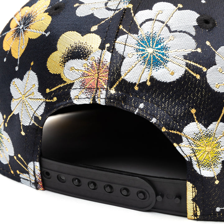 Kimono Fabric Cap - Black Background Gold Plum Blossom