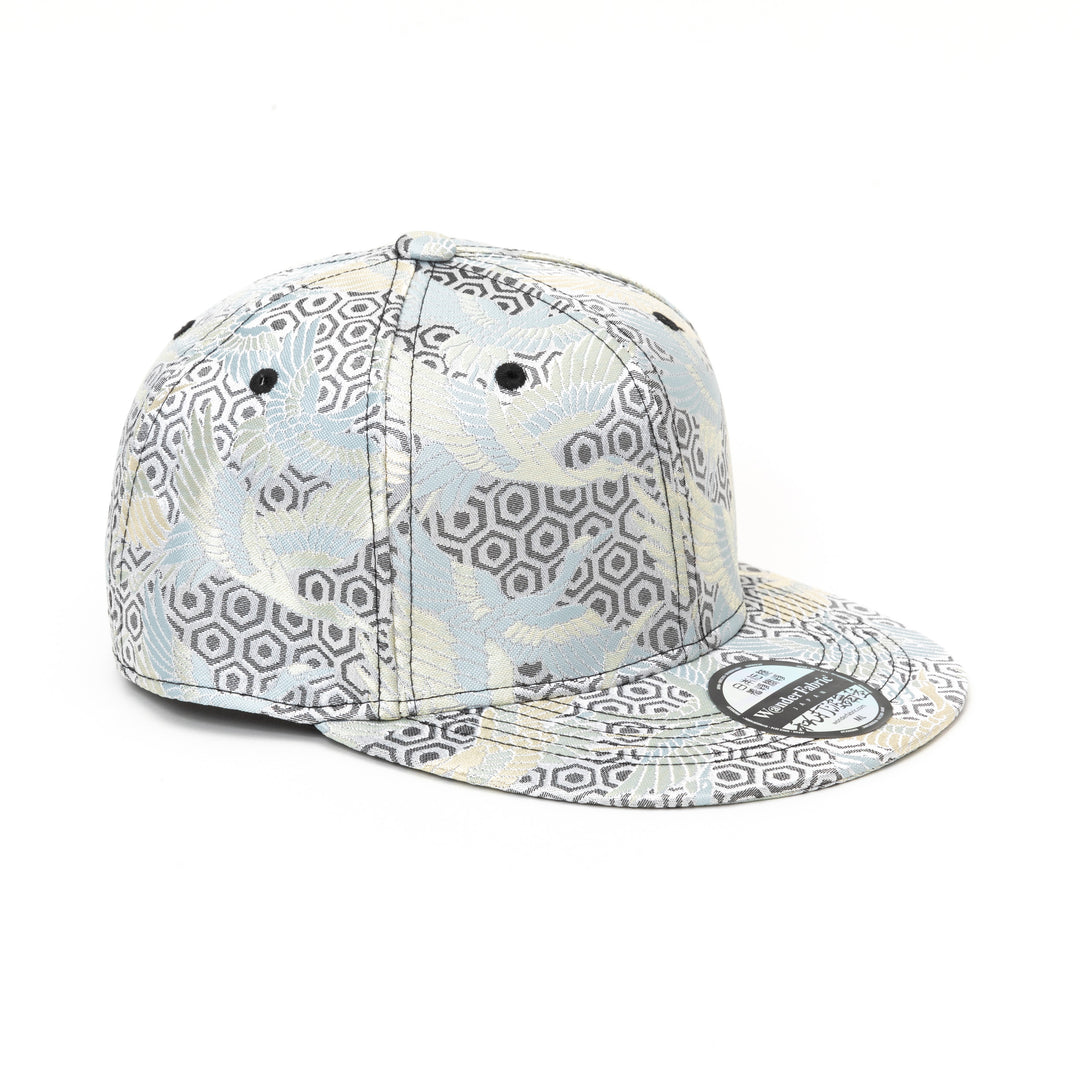 Kimono Fabric Cap - Silver Background  White Crane