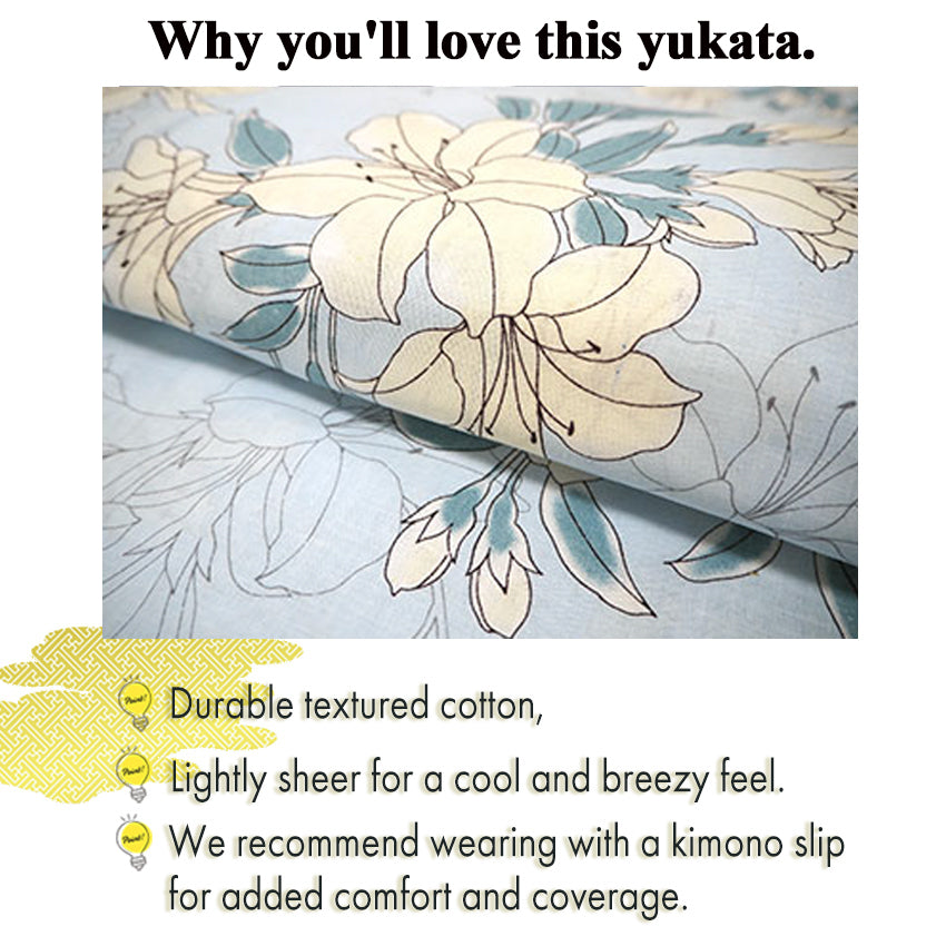 Women's Cotton Yukata, Casual Summer Kimono -Light Blue Base with Lily Pattern