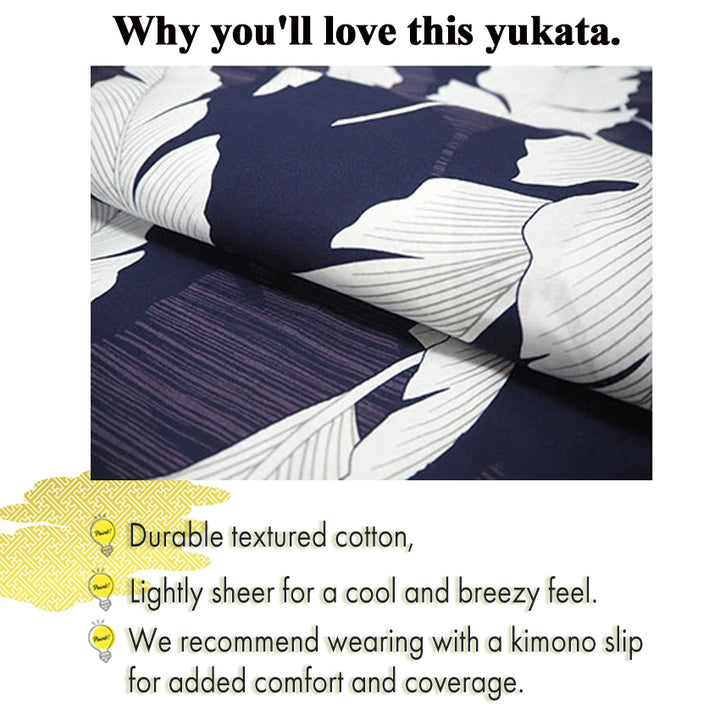 Women's Cotton Yukata, Casual Summer Kimono -Navy Base withlarge banana leaves (bashō) for a bold and tropical-inspired look.