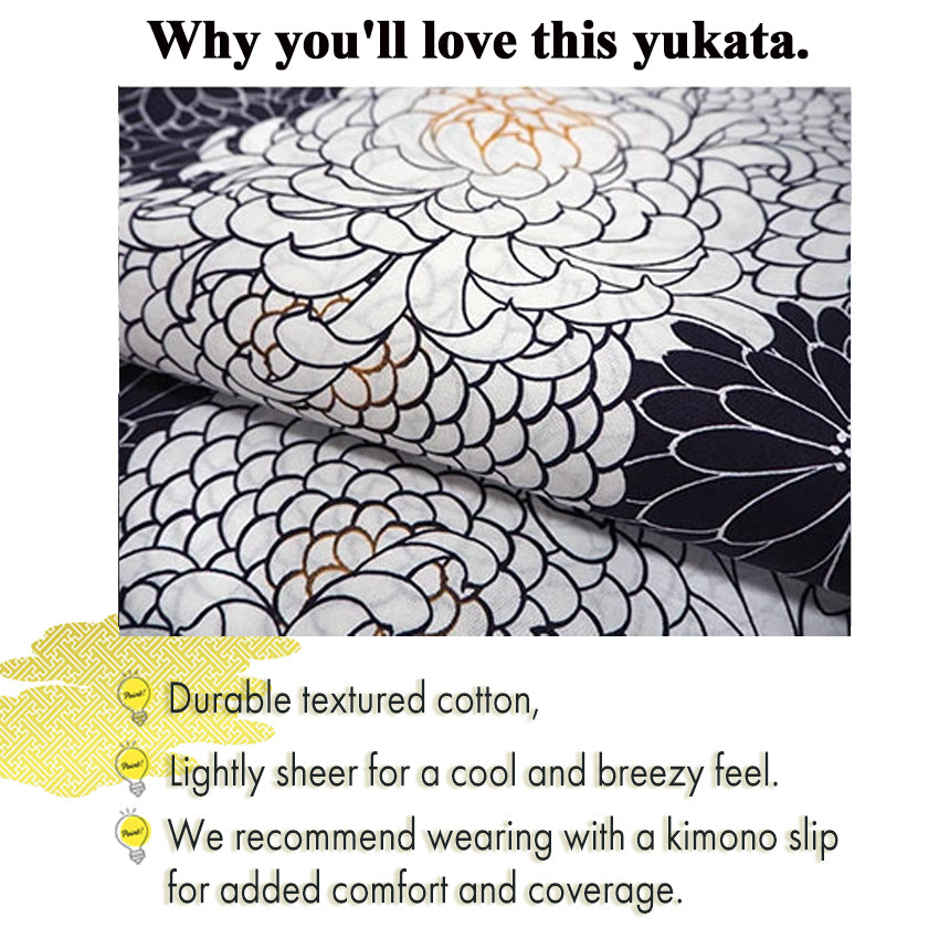 Women's Cotton Yukata, Casual Summer Kimono -White Base with Chrysanthemum Allover