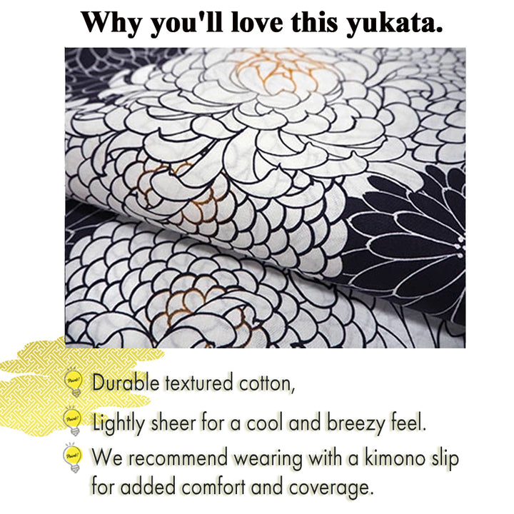 Women's Cotton Yukata, Casual Summer Kimono -White Base with Chrysanthemum Allover